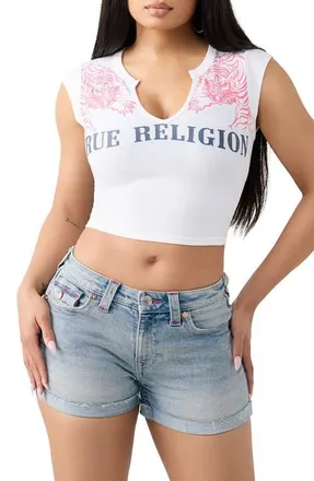 True Religion Tiger Logo Notch Neck Ribbed Crop Top in Optic White at Nordstrom, Size Xx-Large