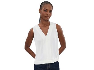Liverpool L.A. Petite Sleeveless V-Neck Woven-To-Knit Top Womens Clothing Whipped Cream : PXS, Polyester