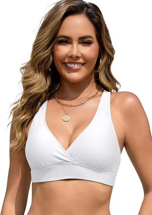 SHEKINI Womens Sporty Underwire Bikini Top Adjustable Wide Straps Criss Cross Back Removable Padded Swimwear Top Only(White,M)