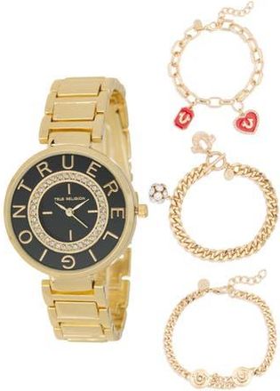 True Religion Round Logo Bracelet Watch & Bracelets Set, 33.1mm in Gold at Nordstrom Rack