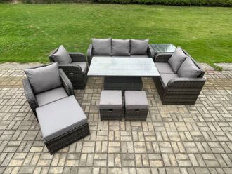 Fimous Wicker Rattan Outdoor Garden Furniture Sets Height Adjustable Rising lifting Dining Table Reclining Chair Sofa Set in Dark Grey