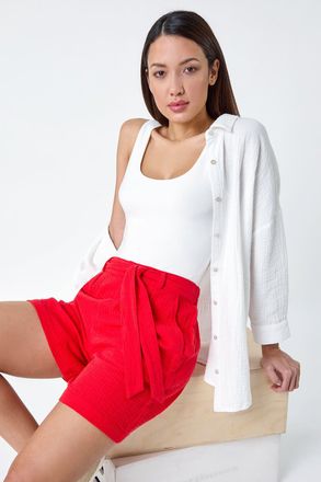 Roman Textured Elastic Tie Waist Cotton Shorts