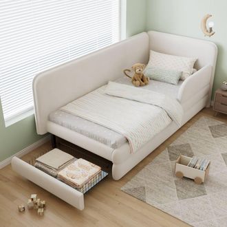 Matteo Beige Velvet Upholstered Single Bed with Storage Drawer & Side Rails