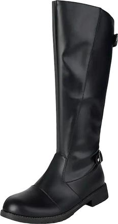 Generic Mens Knee High Riding Boots Round Toe Med Thick Heel With Side Zipper And Belt Buckles Retro Equestrian Tall Boots