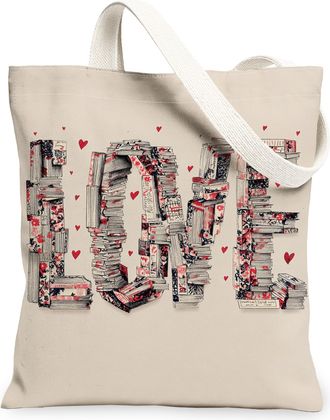 Generic Love Books Canvas Tote Bag, Floral Heart Pattern Reusable Grocery Bags, Vintage Lightweight Washable Shoulder Strap Canvas, Beige, 13x15 Inch