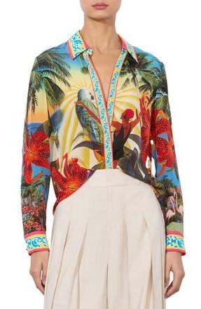 Alice & Olivia Willa Tropical Print Silk Button-Up Shirt in Island Dreams Multi at Nordstrom Rack, Size Small