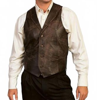 Scully Mens Whip Stitch Leather Lapel Vest In Brown