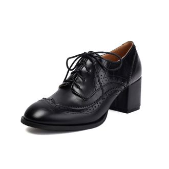 Generic Womens PU Leather Brogue Derbys Lace-Up Vintage Oxford Shoes Chunky High Heel Office Shoes,Black,6.5 UK