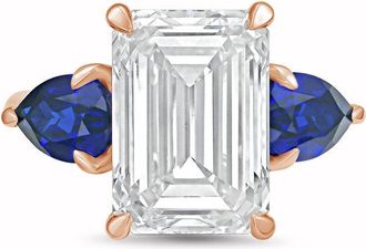 Diana M. Jewels 18kt rose gold lab grown 8ct emerald diamond ring with sapphire pears on the sides