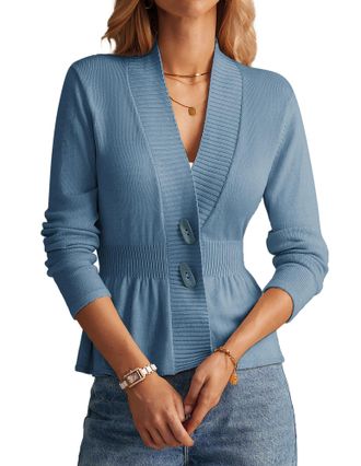 Grace Karin Womens Ruffle Hem Casual Knitted Coat V-Neck Long Sleeve Knitted Cardigan Grey Blue XL