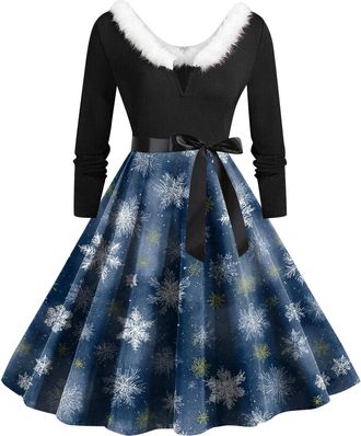 Generic Christmas Dress Women UK V Neck Winter Xmas Santa Reindeer Snowflake Christmas Tree Printed Dress Elegant Party Fitted Knee Length Dresses for Women (