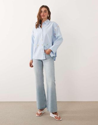 Ghospell Camicia a maniche lunghe multiuso in misto cotone azzurra con bottoni-Blu