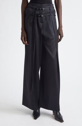 GRACE LING Relics Belted Wool Blend Satin Wide Leg Pants in Black at Nordstrom, Size 4 Us