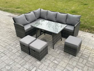 Fimous Wicker Rattan Garden Furniture Corner Sofa Set with Oblong Dining Table 3 Small Footstools 9 Seater in Dark Grey