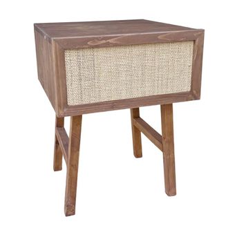 NATYAL Mesita de noche de madera maciza en tono oscuro y caj&oacute;n de rafia 45cm
