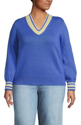 Lands End Drifter Set in Sleeve Vneck Sweater in Clear Blue/yellow Tipping at Nordstrom, Size 1X