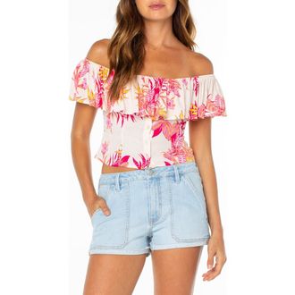 Roxy Clear Sky Botanical Off the Shoulder Button-Up Top in Dew at Nordstrom, Size Xx-Large