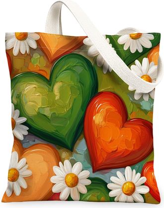 Generic Heart Floral Canvas Tote Bags, Bright Hearts Flower Pattern Reusable Grocery Bags, Spring Artistic Lightweight Washable Shoulder Strap Canvas 13x15 In