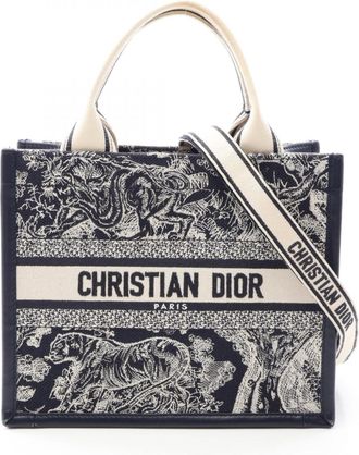 Dior Ivory Navy Canvas Leather Handbag Tote Bag (Pre-Owned)