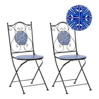Beliani Conjunto De 2 Sillas De Exterior De Metal De Estilo Vintage Plegable Estructura De Hierro Negro Motivo Mosaico Azul Cigilano
