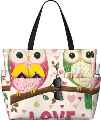 Generic Cute Owl Heart Print Large Beach Bag Foldable Travel Shoulder Tote Bag With Pocket For Weekender Pool Vacation