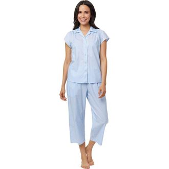 The Cats Pajamas Luxe Pima Capri Floral Set in Classic Gingham Blue at Nordstrom, Size X-Small