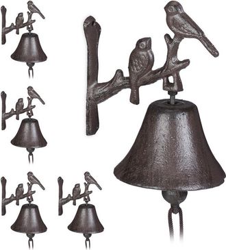 Relaxdays 5 Campanas Hierro Fundido Puerta, P&aacute;jaros De Adorno, Estilo R&uacute;stico, Sonido Fuerte, Campanas Pared, Resistentes, Marr&oacute;n