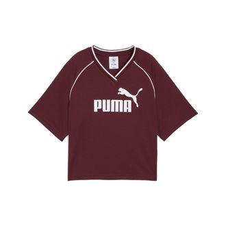 Puma T-Shirt PUMA ESS RELAXED CROPPED FOOTBALL JERSEY, Damen, Gr. XL, rot (ruby shimmer), Web, Obermaterial: 100% Polyester, unifarben, relaxed fit kurz, V