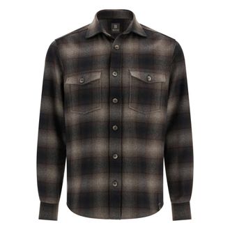 Boggi Milano Jassen, Heren, Bruin, L, Wol, Geruit Overshirt in wol en Tencel Flanel