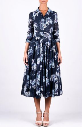 Samantha Sung Feather Lightness A-Line Belted Shirtdress in Navy at Nordstrom, Size 14