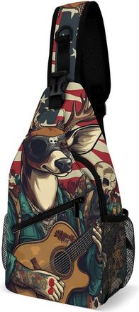 Generic Deer Skull Music Player U.S. Flag Mens Crossbody Chest Sling Bag for Travel Hiking Lightweight Shoulder Bags with Small Side