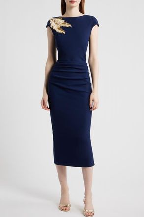 La Petite Robe Di Chiara Boni Metallic Feather Detail Cocktail Sheath Dress in Blue Notte at Nordstrom, Size 14 Us