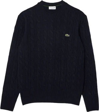 Lacoste Classic Cable Knit Pullover In Rich Blue Wool