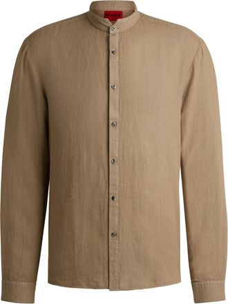 HUGO BOSS Elvory Slim-Fit Linnen-Canvas Overhemd - Heren - Casual Overhemden - Bruin - M - Linnen - Overhemden