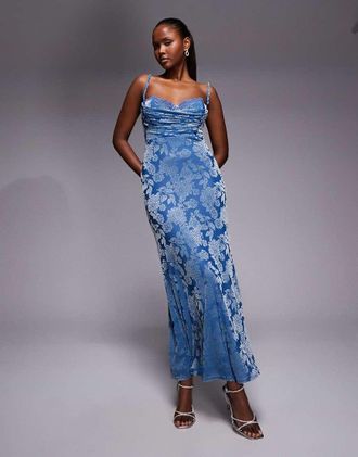 Ra-Re London - Vestito lungo in velluto blu a fiori d&eacute;vor&eacute; con fascetta sul retro e dettaglio sul busto