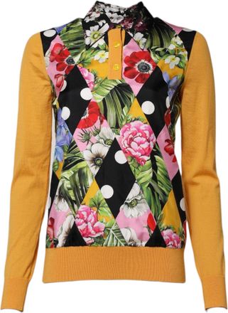 Dolce & Gabbana Womens Multicolor Floral Long Sleeves Polo Top Cashmere Silk Nylon