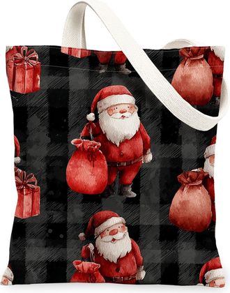 Generic Festive Canvas Tote Bags, Vintage Santa Pattern Reusable Shopping Bags, Lightweight Washable Shoulder Strap Canvas for Holiday Events 13x15 Inch