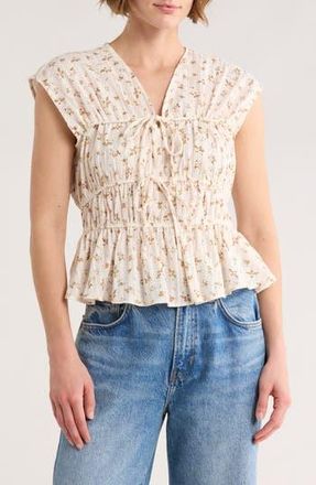 Ellen Tracy Floral Sleeveless Shirred Cotton Top in Marshmallow Floral at Nordstrom Rack, Size X-Small