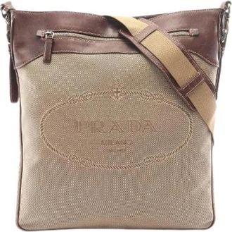 Prada Pre-owned Logo Jacquard Canvas Leather Shoulder Bag - Dames - Vintage Schoudertas - Beige - ONE Size - Leer - Vintage
