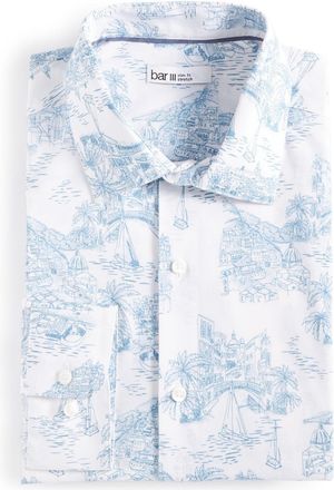 Bar III Bar Iii Amalfi Scenic Dress Shirt Mens White Blue Printed Slim Fit UPS748