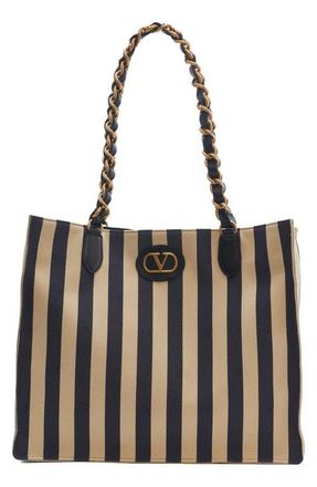 Valentino Garavani Kicky Stripe Nylon & Cotton Tote in Black/khaki at Nordstrom