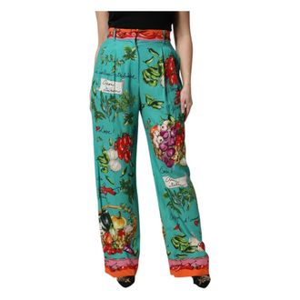 Dolce & Gabbana Groene Zijden Rechte Broek met Print - Dames - Wijde Broeken - Veelkleurig - S - Broeken