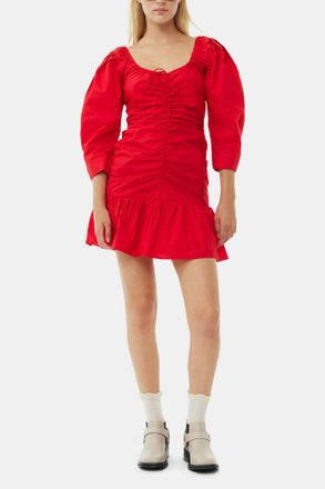 Ganni Red Cotton Poplin Gathered U-neck Mini Dress - Size 32 Organic