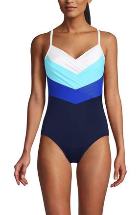 Lands End Slender Suit V-neck Pleated X-back One Piece Swimsuit Adjustable Straps in Navy/sapphire/river Mist/white at Nordstrom, Size 10