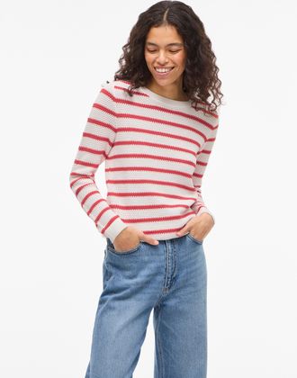Vila Rundhalspullover VILA VIDALO O-NECK L/S STRIPE KNIT TOP- NOOS, Damen, Gr. XXL, wei&szlig; alyssum stripes:hibiscus, Rippstrick, Obermaterial: 100% Baumwolle