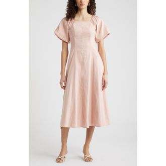Nordstrom Seam Detail Linen Blend Midi Dress in Pink Smoke at Nordstrom, Size Xx-Small