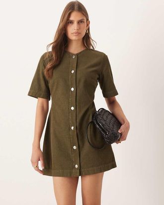 Asos Vestito corto accollato kaki in tessuto a coste-Verde