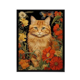 Artery8 Ginger Tabby Cat Floral Painting Framed Canvas Wall Art Print in Green | Size: W24 x H32