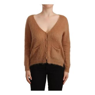 Pink Memories Logo Detail Gebreide Cardigan Sweater - Dames - Vesten - Bruin - S - Wol - Truien & Vesten