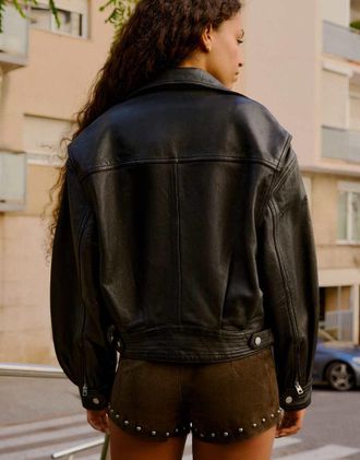 Bershka Giacca biker in pelle nera-Nero
